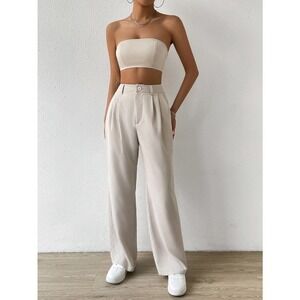2 piece set: Solid Tube Top crop top & Wide Leg dress Pants cream